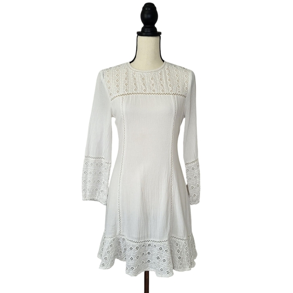 Amuse Society Dress White Eyelet Lace Long Sleeve Short Fit And Flare Size S - Picture 1 of 12